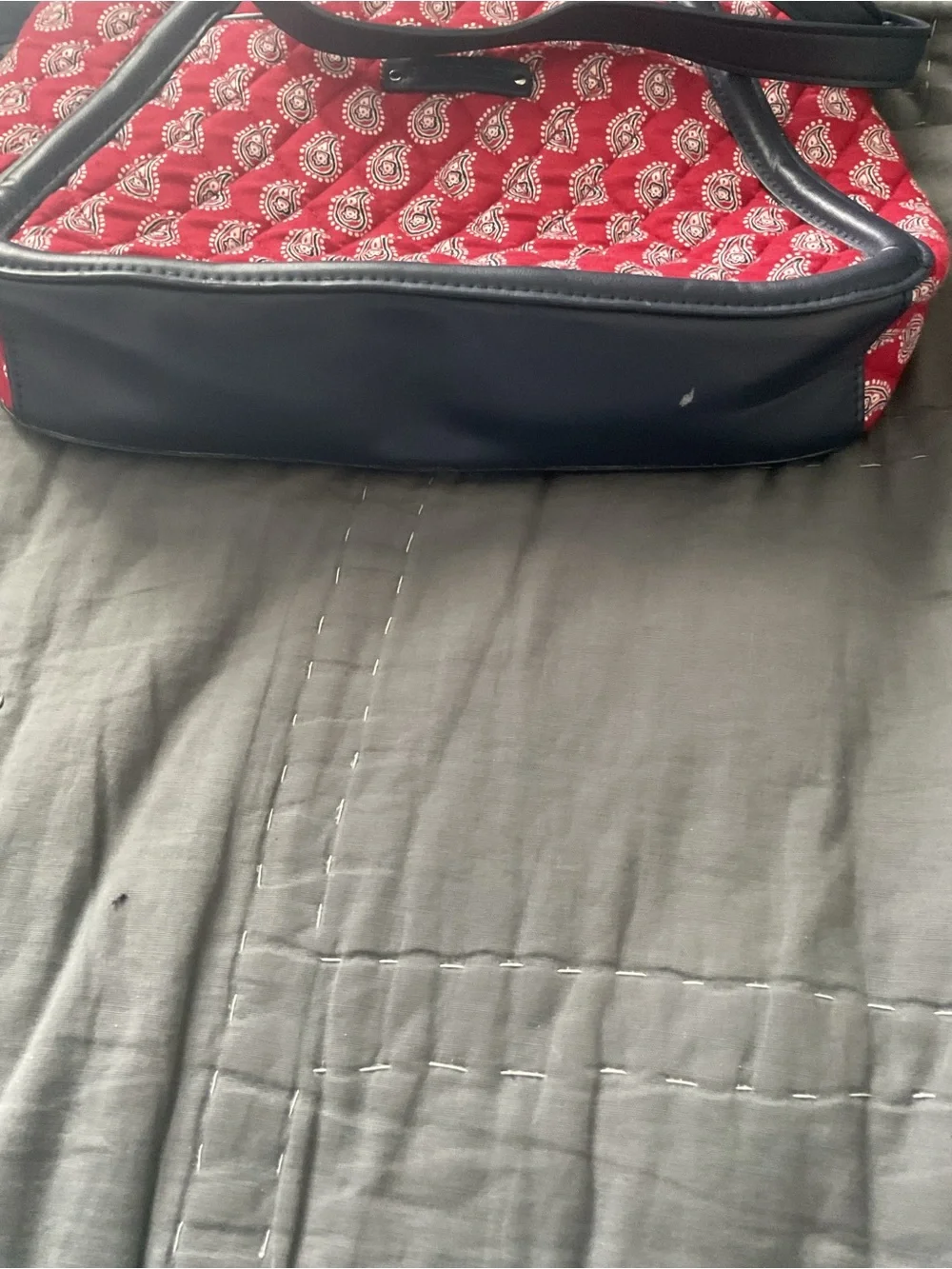 Vera Bradley Red Paisley Crossbody with Navy Trim and Strap, faux-leather trim.